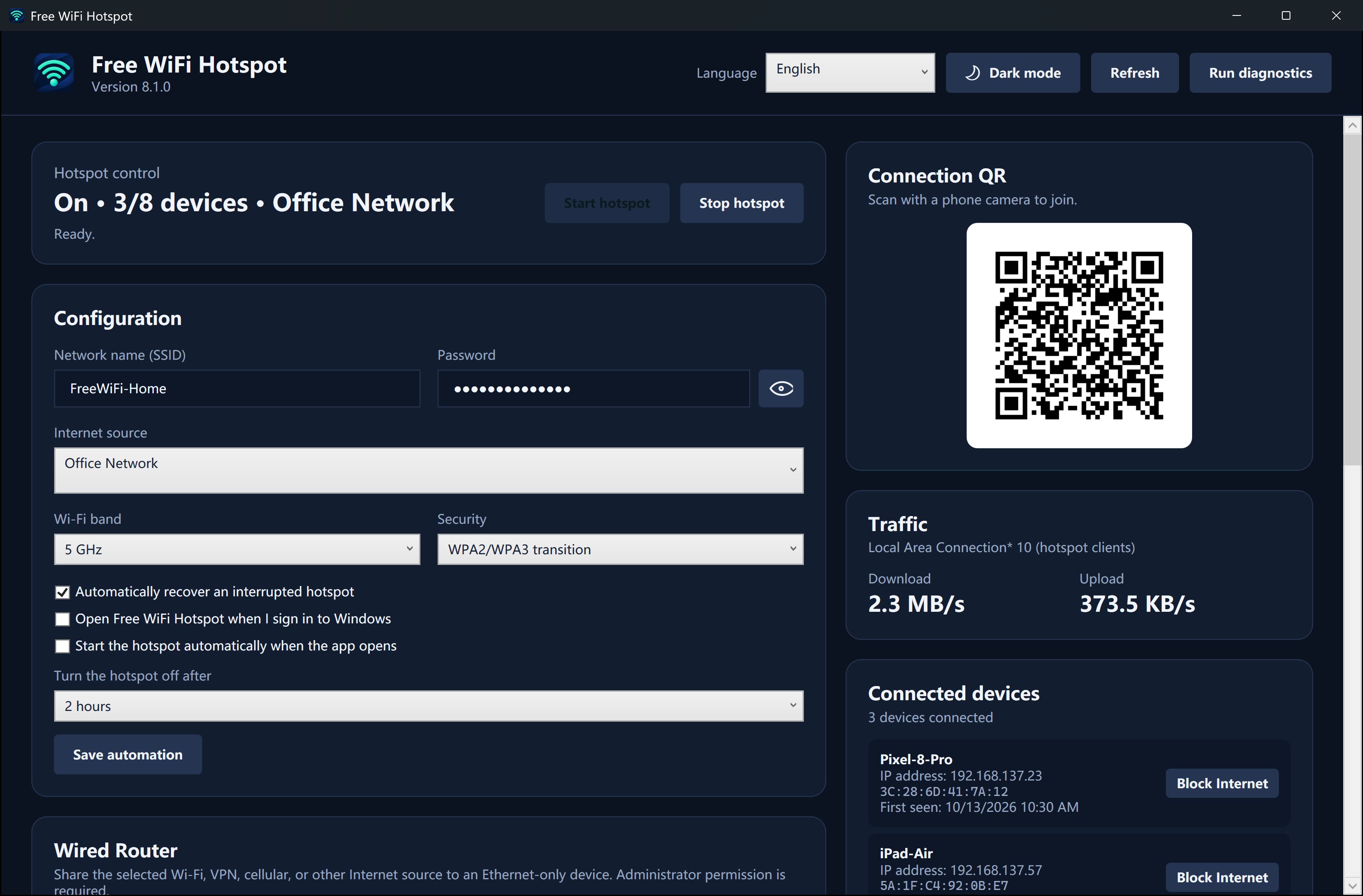 Actual Free WiFi Hotspot interface in dark mode with sample hotspot settings, a connection QR code and connected devices