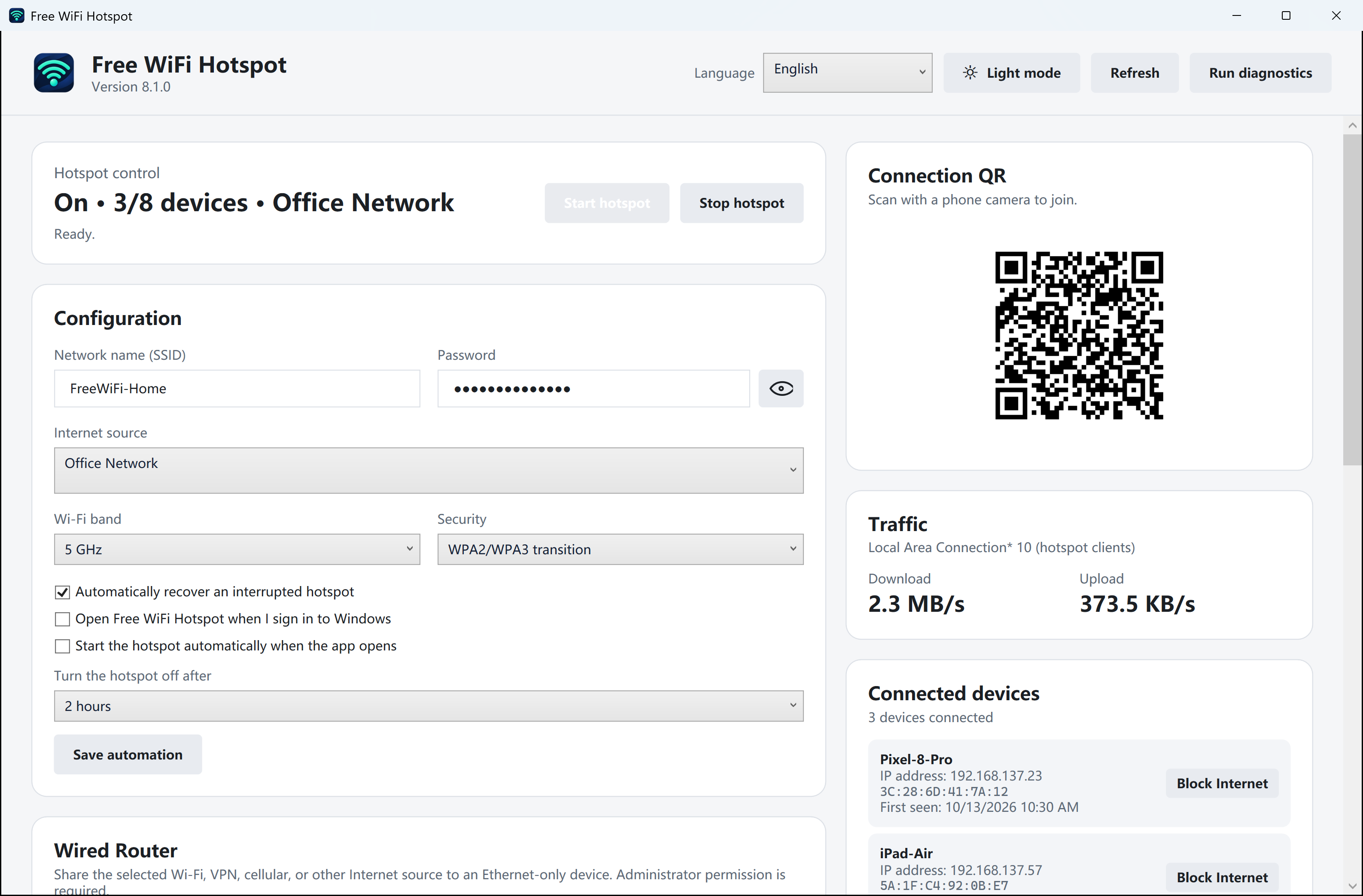 Free WiFi Hotspot 8.1.0 hotspot settings, connection QR code and device list in light mode, showing sample data